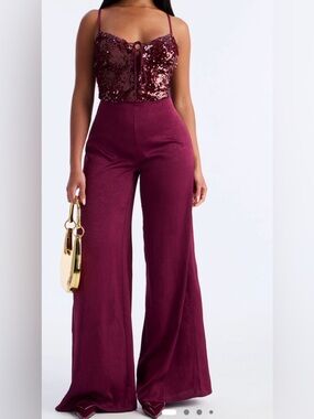 High-Waist Wide-Leg Jumpsuit in Burgundy